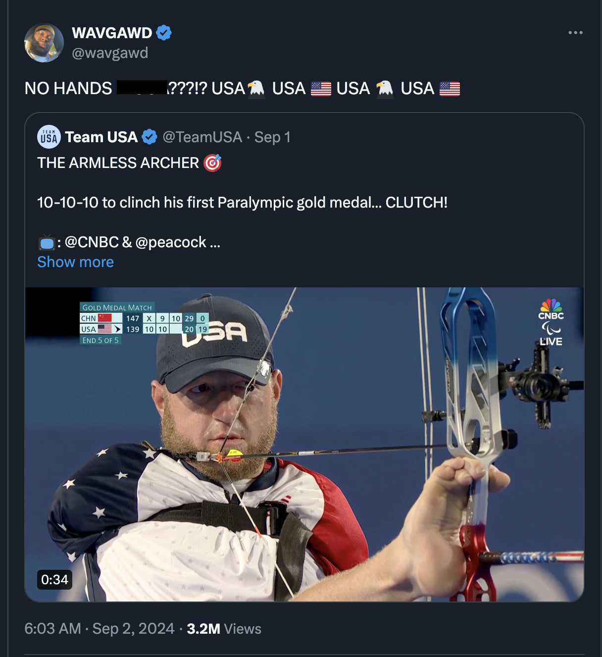 Matt Stutzman - Wavgawd No Hands ???!? Usa Usa Usa Usa Usa Team Usa Sep 1 The Armless Archer 101010 to clinch his first Paralympic gold medal... Clutch! & .... Show more Gold Medal Match Chm 147 9 10 29 139 10 10 219 Usa 3.2M Views Cnbc Live